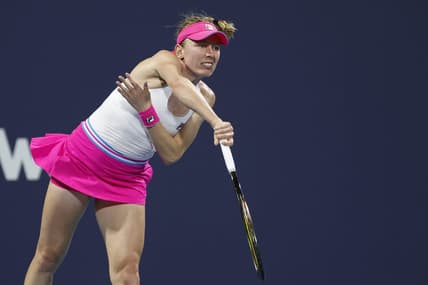 Mar 27, 2023; Miami, Florida, US; Ekaterina Alexandrova serves against Bianca Andreescu (CAN) (not pictured) on day eight of the Miami Open at Hard Rock Stadium. Mandatory Credit: Geoff Burke-USA TODAY Sports