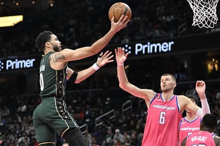 Wizards center Kristaps Porzingis (6) is rumored to be on his way to the Celtics in a three-team trade. Mandatory Credit: Brad Mills-USA TODAY Sports