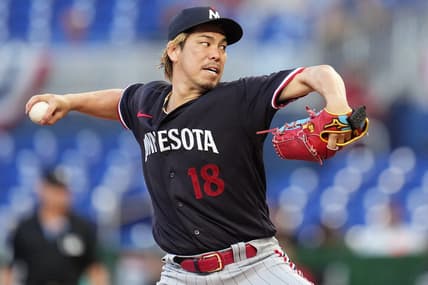 Apr 4, 2023; Miami, Florida, USA;  Minnesota Twins starting pitcher Kenta Maeda (18) pitches against the Miami Marlins in the first inning at loanDepot Park. Mandatory Credit: Jim Rassol-USA TODAY Sports