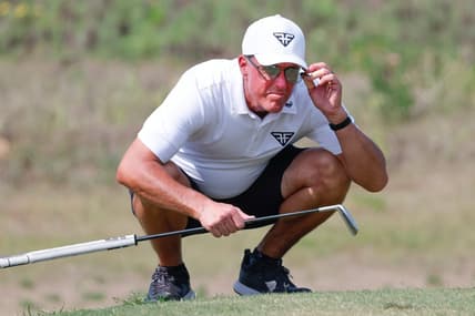 Apr 2, 2023; Orlando, Florida, USA; Phil Mickelson of the HyFlyers on the fifth green during the final round of a LIV Golf event at Orange County National. Mandatory Credit: Reinhold Matay-USA TODAY Sports