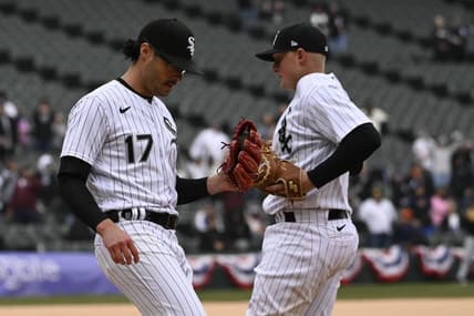 Apr 5, 2023; Chicago, Illinois, USA;  Chicago White Sox relief pitcher Joe Kelly (17) celebrates with first baseman Andrew Vaughn (25) after the game against the San Francisco Giants during the ninth inning at Guaranteed Rate Field. Mandatory Credit: Matt Marton-USA TODAY Sports