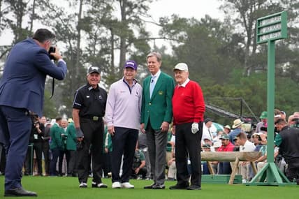 Apr 6, 2023; Augusta, Georgia, USA; Honorary starters Gary Player (left) and Tom Watson (center) and Jack Nicklaus (right) pose for a photo with Augusta National Golf Club chairman Fred Ridley before the first round of The Masters golf tournament. Mandatory Credit: Kyle Terada-USA TODAY Network