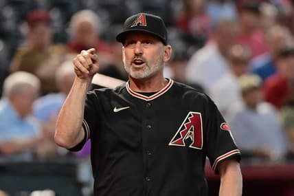 Apr 12, 2023; Phoenix, Arizona, USA;  Arizona Diamondbacks manager Torey Lovullo (17) reacts in the third inning against the Milwaukee Brewers at Chase Field. Mandatory Credit: Matt Kartozian-USA TODAY Sports