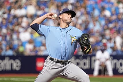 Apr 15, 2023; Toronto, Ontario, CAN; Tampa Bay Rays pitcher Calvin Faucher pitches to  to the Toronto Blue Jays during the first inning on Jackie Robinson day at Rogers Centre. Mandatory Credit: John E. Sokolowski-USA TODAY Sports