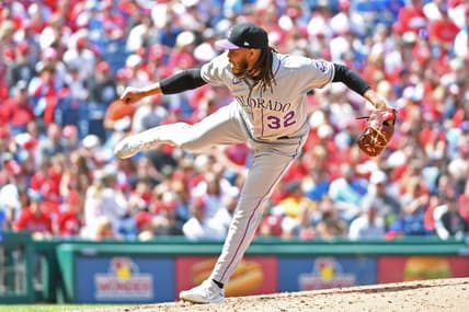Apr 23, 2023; Philadelphia, Pennsylvania, USA; Colorado Rockies relief pitcher Dinelson Lamet (32) against the Philadelphia Phillies at Citizens Bank Park. Mandatory Credit: Eric Hartline-USA TODAY Sports