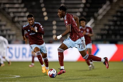 Apr 26, 2023; Commerce City, CO, USA; Colorado Rapids forward Darren Yapi (77) controls the ball in the second half against Northern Colorado Hailstorm FC at Dick's Sporting Goods Park. Mandatory Credit: Isaiah J. Downing-USA TODAY Sports
