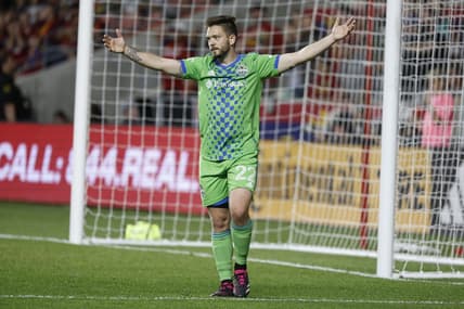 Apr 29, 2023; Sandy, Utah, USA; Seattle Sounders midfielder Kelyn Rowe (22) reacts in the second half against the Real Salt Lake at America First Field. Mandatory Credit: Jeffrey Swinger-USA TODAY Sports