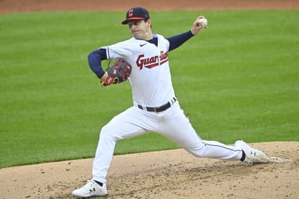 May 6, 2023; Cleveland, Ohio, USA; Cleveland Guardians starting pitcher Logan Allen (41) delivers against the Minnesota Twins in the third inning at Progressive Field. Mandatory Credit: David Richard-USA TODAY Sports