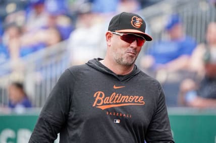 May 4, 2023; Kansas City, Missouri, USA; Baltimore Orioles manager Brandon Hyde (18) returns to the dugout against the Kansas City Royals during the game at Kauffman Stadium. Mandatory Credit: Denny Medley-USA TODAY Sports