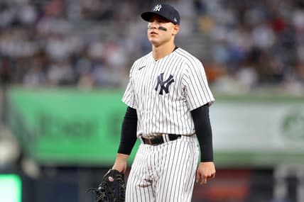 May 11, 2023; Bronx, New York, USA; New York Yankees first baseman Anthony Rizzo (48) reacts after committing an error on a ground ball by Tampa Bay Rays right fielder Josh Lowe (not pictured) during the fifth inning at Yankee Stadium. Mandatory Credit: Brad Penner-USA TODAY Sports