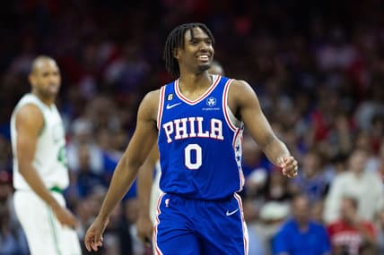 May 11, 2023; Philadelphia, Pennsylvania, USA; Philadelphia 76ers guard Tyrese Maxey (0) smiles after a play against the Boston Celtics during the fourth quarter in game six of the 2023 NBA playoffs at Wells Fargo Center. Mandatory Credit: Bill Streicher-USA TODAY Sports