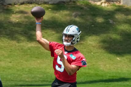 May 12, 2023; Charlotte, NC, USA; Carolina Panthers quarterback Bryce Young (9) throws during the Carolina Panthers rookie camp at the Atrium Practice Facility in Charlotte, NC.Mandatory Credit: Jim Dedmon-USA TODAY Sports