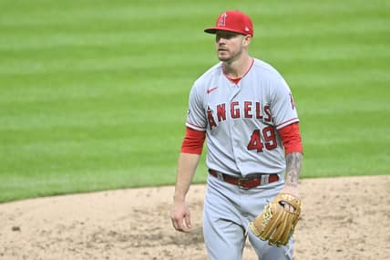 May 13, 2023; Cleveland, Ohio, USA; Los Angeles Angels relief pitcher Chris Devenski (49) walks off the field in the sixth inning against the Cleveland Guardians at Progressive Field. Mandatory Credit: David Richard-USA TODAY Sports