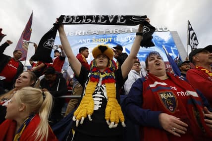 May 13, 2023; Sandy, Utah, USA; Real Salt Lake fans show their spirit against the Los Angeles FC at America First Field. Mandatory Credit: Jeff Swinger-USA TODAY Sports