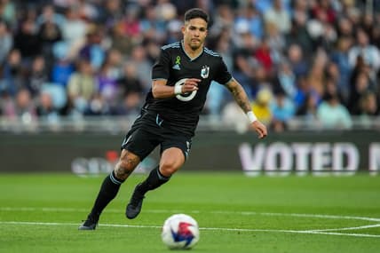May 17, 2023; Saint Paul, Minnesota, USA; Minnesota United forward Luis Amarilla (9) dribbles during the first half against Houston Dynamo at Allianz Field. Mandatory Credit: Brace Hemmelgarn-USA TODAY Sports