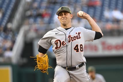 May 19, 2023; Washington, District of Columbia, USA; Detroit Tigers starting pitcher Matthew Boyd (48) throws to the Washington Nationals during the first inning at Nationals Park. Mandatory Credit: Brad Mills-USA TODAY Sports