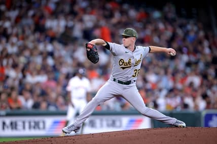 May 20, 2023; Houston, Texas, USA; Oakland Athletics starting pitcher JP Sears (38) delivers a pitch against the Oakland Athletics during the first inning at Minute Maid Park. Mandatory Credit: Erik Williams-USA TODAY Sports