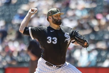 May 21, 2023; Chicago, Illinois, USA; Chicago White Sox starting pitcher Lance Lynn (33) pitches against the Kansas City Royals during the first inning at Guaranteed Rate Field. Mandatory Credit: Kamil Krzaczynski-USA TODAY Sports