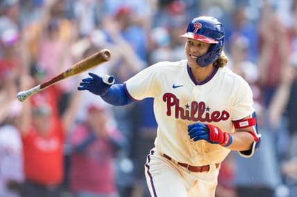 May 24, 2023; Philadelphia, Pennsylvania, USA; Philadelphia Phillies first baseman Alec Bohm (28) reacts while running to first base for a game winning walk off RBI single in the tenth inning against the Arizona Diamondbacks at Citizens Bank Park. Mandatory Credit: Bill Streicher-USA TODAY Sports