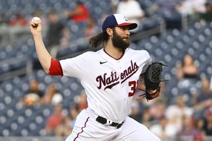 May 24, 2023; Washington, District of Columbia, USA; Washington Nationals starting pitcher Trevor Williams (32) throws to the San Diego Padres during the first inning at Nationals Park. Mandatory Credit: Brad Mills-USA TODAY Sports