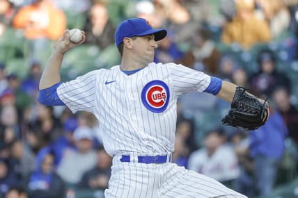 May 25, 2023; Chicago, Illinois, USA; Chicago Cubs starting pitcher Kyle Hendricks pitches against the New York Mets during the first inning at Wrigley Field. Mandatory Credit: Kamil Krzaczynski-USA TODAY Sports
