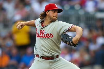 May 25, 2023; Atlanta, Georgia, USA; Philadelphia Phillies starting pitcher Aaron Nola (27) throws against the Atlanta Braves in the second inning at Truist Park. Mandatory Credit: Brett Davis-USA TODAY Sports