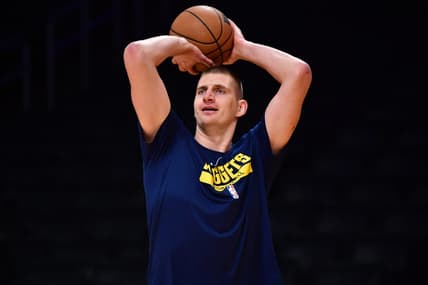 May 22, 2023; Los Angeles, California, USA; Denver Nuggets center Nikola Jokic (15) practices before playing against the Los Angeles Lakers in game four of the Western Conference Finals for the 2023 NBA playoffs at Crypto.com Arena. Mandatory Credit: Gary A. Vasquez-USA TODAY Sports