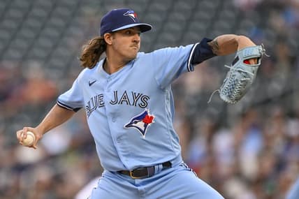 May 26, 2023; Minneapolis, Minnesota, USA;  Toronto Blue Jays pitcher Kevin Gausman (34) delivers a pitch against the Minnesota Twins during the first inning at Target Field. Mandatory Credit: Nick Wosika-USA TODAY Sports