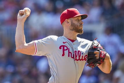 May 27, 2023; Cumberland, Georgia, USA; Philadelphia Phillies starting pitcher Zack Wheeler (45) pitches against the Atlanta Braves during the first inning at Truist Park. Mandatory Credit: Dale Zanine-USA TODAY Sports