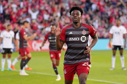 May 27, 2023; Toronto, Ontario, CAN; Toronto FC forward Deandre Kerr (29) celebrates after scoring a goal against D.C. United during the first half at BMO Field. Mandatory Credit: Nick Turchiaro-USA TODAY Sports