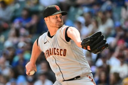May 28, 2023; Milwaukee, Wisconsin, USA; San Francisco Giants pitcher Alex Cobb (38) pitches against the Milwaukee Brewers in the fourth inning at American Family Field. Mandatory Credit: Benny Sieu-USA TODAY Sports