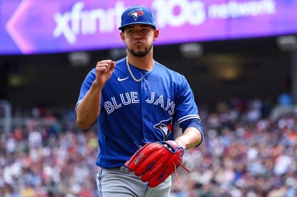 May 28, 2023; Minneapolis, Minnesota, USA; Toronto Blue Jays starting pitcher Jose Berrios (17) reacts after coming out of the game in the sixth inning against the Minnesota Twins at Target Field. Mandatory Credit: Matt Krohn-USA TODAY Sports