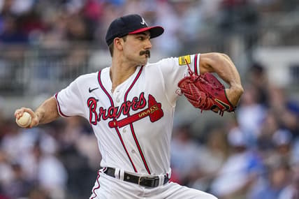 May 28, 2023; Cumberland, Georgia, USA; Atlanta Braves starting pitcher Spencer Strider (99) pitches Philadelphia Phillies during the first inning at Truist Park. Mandatory Credit: Dale Zanine-USA TODAY Sports