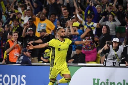 May 28, 2023; Nashville, Tennessee, USA; Nashville SC midfielder Hany Mukhtar (10) celebrates after scoring a goal against the Columbus Crew during the second half at Geodis Park. Mandatory Credit: Christopher Hanewinckel-USA TODAY Sports
