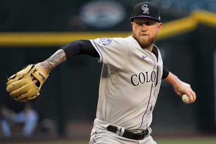 May 30, 2023; Phoenix, Arizona, USA; Colorado Rockies starting pitcher Kyle Freeland (21) pitches against the Arizona Diamondbacks during the first inning at Chase Field. Mandatory Credit: Joe Camporeale-USA TODAY Sports