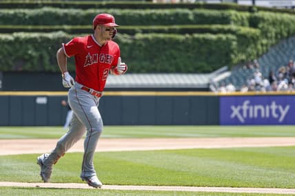 May 31, 2023; Chicago, Illinois, USA; Los Angeles Angels center fielder Mike Trout (27) rounds the bases after hitting a two-run home run against the Chicago White Sox during the first inning at Guaranteed Rate Field. Mandatory Credit: Kamil Krzaczynski-USA TODAY Sports