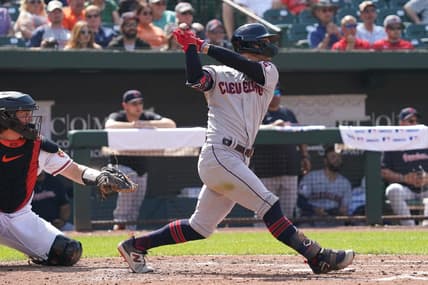 May 31, 2023; Baltimore, Maryland, USA; Cleveland Guardians second baseman Andres Gimenez (0) drives in a run in the second inning against the Baltimore Orioles at Oriole Park at Camden Yards. Mandatory Credit: Mitch Stringer-USA TODAY Sports