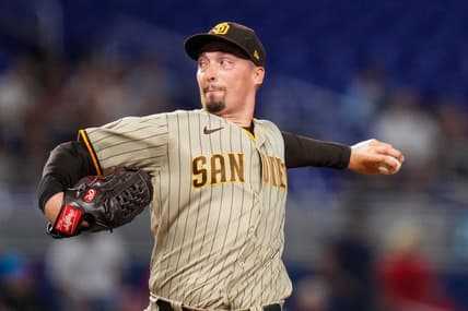 May 31, 2023; Miami, Florida, USA; San Diego Padres starting pitcher Blake Snell (4) throws a pitch against the Miami Marlins during the first inning at loanDepot Park. Mandatory Credit: Rich Storry-USA TODAY Sports