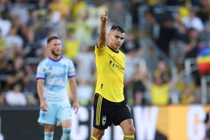 May 31, 2023; Columbus, Ohio, USA; Columbus Crew midfielder Lucas Zelarayan (10) celebrates scoring a goal against the Colorado Rapids at Lower.com Field. Mandatory Credit: Trevor Ruszkowski-USA TODAY Sports