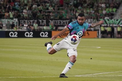 May 31, 2023; Austin, Texas, USA; Minnesota United defender D.J. Taylor (27) attempts a volley shot against the Austin FC during the second half at Q2 Stadium. Mandatory Credit: Scott Wachter-USA TODAY Sports