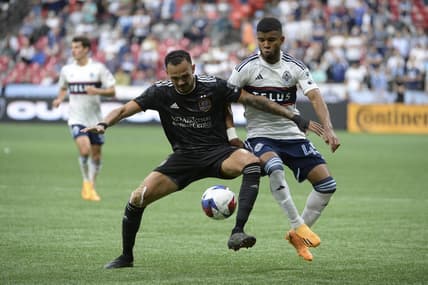 May 31, 2023; Vancouver, British Columbia, CAN;  Houston Dynamo FC midfielder Artur (6) battles for the ball against Vancouver Whitecaps FC midfielder Pedro Vite (45) during the first half at BC Place. Mandatory Credit: Anne-Marie Sorvin-USA TODAY Sports
