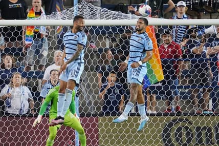 May 31, 2023; Kansas City, Kansas, USA; Sporting Kansas City defender Robert Castellanos (19) heads the ball during the second half against the FC Dallas at Children's Mercy Park. Mandatory Credit: Jay Biggerstaff-USA TODAY Sports