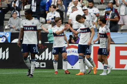 May 31, 2023; Vancouver, British Columbia, CAN;  Vancouver Whitecaps FC midfielder Ryan Gauld (25) celebrates his goal against the Houston Dynamo FC  during the second half at BC Place. Mandatory Credit: Anne-Marie Sorvin-USA TODAY Sports