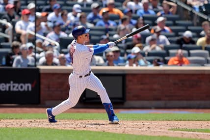 Jun 1, 2023; New York City, New York, USA; New York Mets left fielder Mark Canha (19) follows through on a two run home run against the Philadelphia Phillies during the fourth inning at Citi Field. Mandatory Credit: Brad Penner-USA TODAY Sports