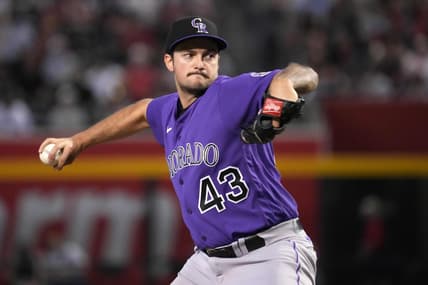 Jun 1, 2023; Phoenix, Arizona, USA; Colorado Rockies starting pitcher Connor Seabold (43) pitches against the Arizona Diamondbacks during the third inning at Chase Field. Mandatory Credit: Joe Camporeale-USA TODAY Sports