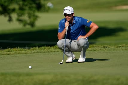 June 1, 2023; Dublin, Ohio, USA;  Davis Riley lines up a putt on the ninth hole during the opening round of the Memorial Tournament at Muirfield Village Golf Club. Riley made a birdie to become the leader in the clubhouse at -5.