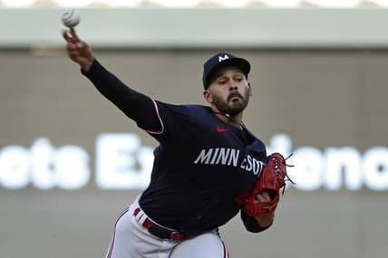 Jun 1, 2023; Minneapolis, Minnesota, USA; Minnesota Twins starting pitcher Pablo Lopez (49) throws to the Cleveland Guardians in the first inning at Target Field. Mandatory Credit: Bruce Kluckhohn-USA TODAY Sports