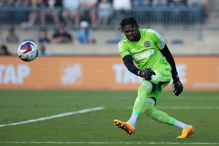May 31, 2023; Philadelphia, Pennsylvania, USA; Philadelphia Union goalkeeper Andre Blake (18) in action against Charlotte FC during the first half at Subaru Park. Mandatory Credit: Bill Streicher-USA TODAY Sports