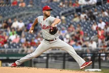 Jun 2, 2023; Washington, District of Columbia, USA; Philadelphia Phillies starting pitcher Zack Wheeler (45) throws to the Washington Nationals during the first inning at Nationals Park. Mandatory Credit: Brad Mills-USA TODAY Sports