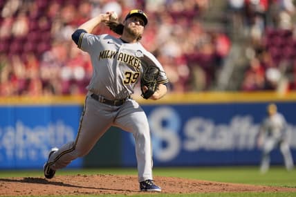 Jun 2, 2023; Cincinnati, Ohio, USA;  Milwaukee Brewers starting pitcher Corbin Burnes (39) throws a pitch in the second inning of the MLB National League game between the Cincinnati Reds and the Milwaukee Brewers at Great American Ball Park. Mandatory Credit: Sam Greene-USA TODAY Sports